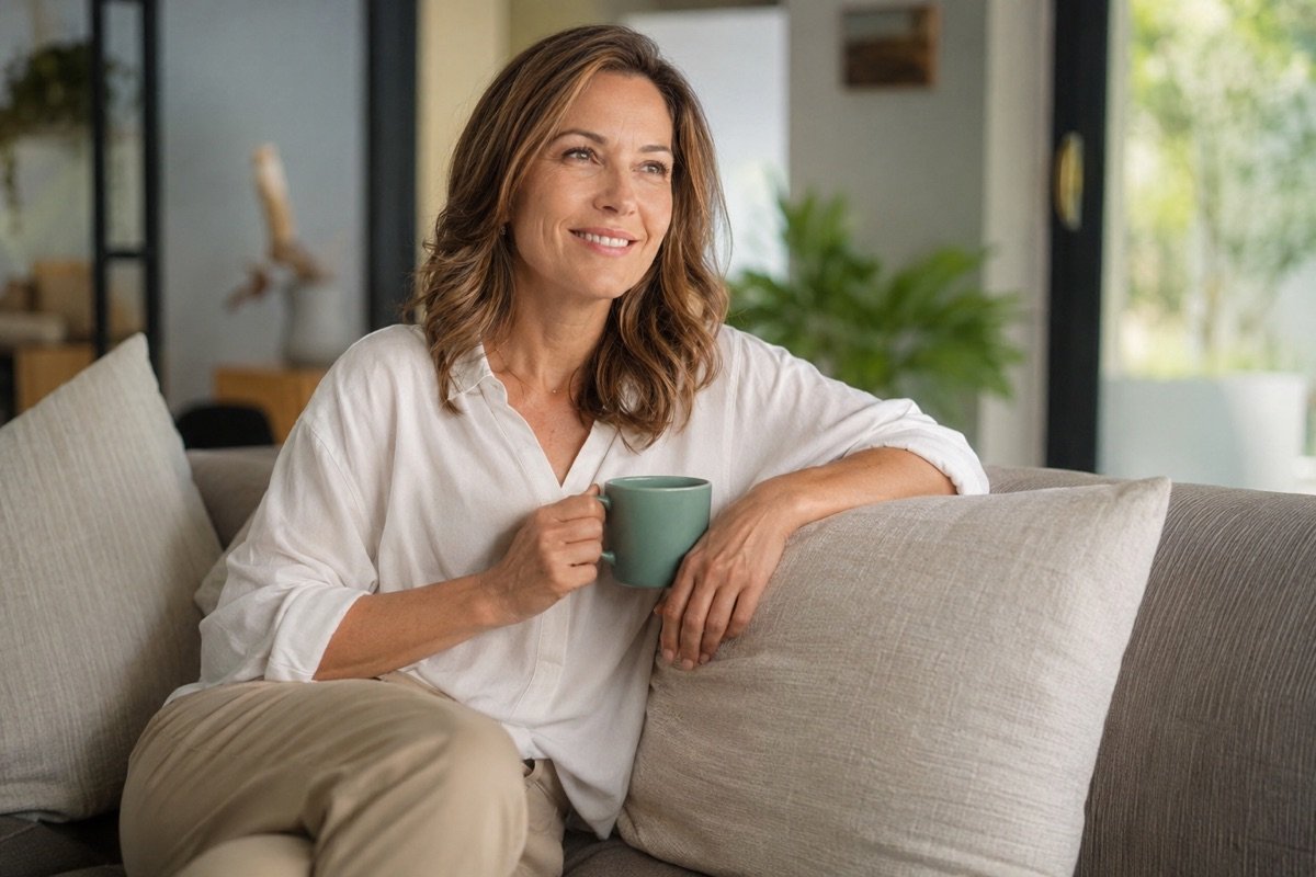 Mulher madura serena, tomando um café no sofá, representando o cuidado com a saúde na menopausa