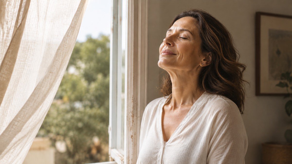 Mulher respirando aliviada perto da janela, representando o bem-estar após o tratamento dos fogachos da menopausa