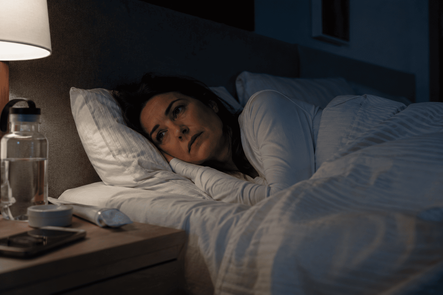 Mulher na cama à noite, acordada, com o abajur aceso — insônia na menopausa